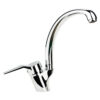 Chrome kitchen faucet with a single lever handle and long curved spout.
