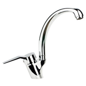 Chrome kitchen faucet with a single lever handle and long curved spout.
