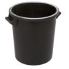 Black plastic trash can with side handles and open top