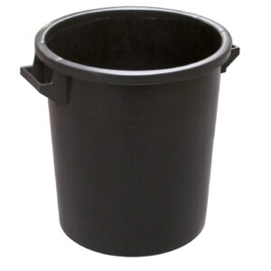 Black plastic trash can with side handles and open top