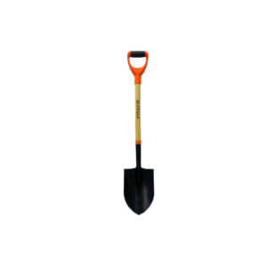Shovel with an orange handle and wooden shaft, a black metal blade ready for digging.