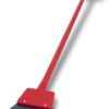 Red floor scraper with a wide flat blade for cleaning or removing debris from floors.