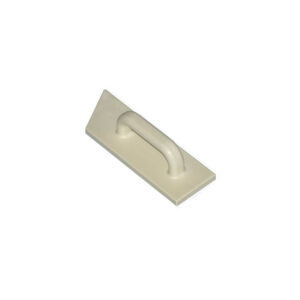 Cream plastic pull handle mounted on a rectangular base plate (door/drawer pull)