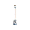 Garden shovel with a wooden handle and metal blade featuring a D-shaped grip at the top of the handle.