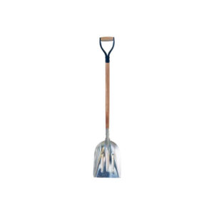 Garden shovel with a wooden handle and metal blade featuring a D-shaped grip at the top of the handle.