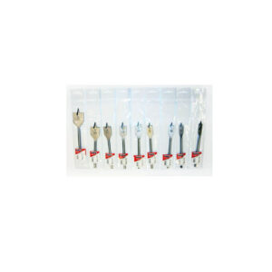 Assorted dental drill burs in a clear blister pack with red labels, showing different shapes and sizes.