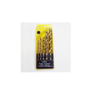 Yellow drill-bit set in case with five HSS twist drills (sizes 4, 5, 6, 8, 10).