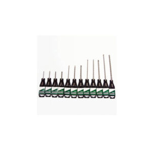 Assorted drill bits arranged in a row with green-and-white labeled holders.