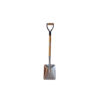 Shovel with wooden handle and metal blade standing upright on a white background with a D-shaped grip