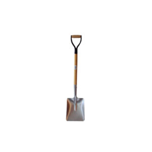 Shovel with wooden handle and metal blade standing upright on a white background with a D-shaped grip
