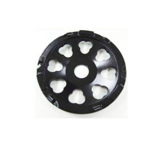 Black circular mechanical disc with seven clover-shaped cutouts around a central hole.