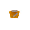 Yellow handheld sanding block with two abrasive pads attached for smoothing surfaces.