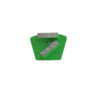 Green sharpening block with two metal abrasive strips attached on top of a green base.
