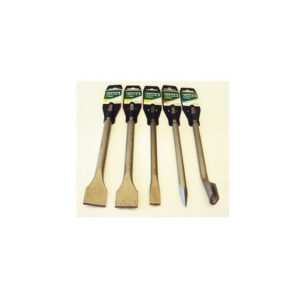 Five chisels with metal blades and wooden handles laid in a row on a light background, labels facing up.
