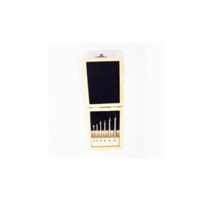 Wooden case open to reveal a row of small metal drill bits in a numbered slot (3–10) under a black lining.