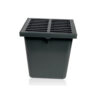 Plastic square storm drain catch basin with a slotted grate on top.