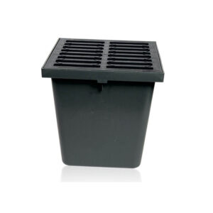 Plastic square storm drain catch basin with a slotted grate on top.