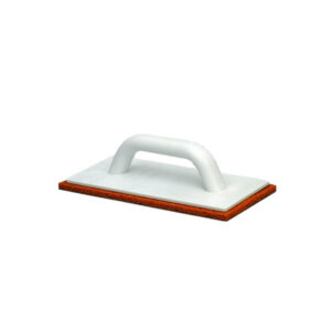 Grout float with white handle and orange foam base used for tile grouting