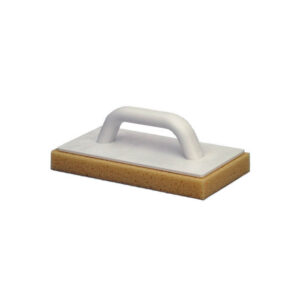 Rectangular sanding block with a white curved handle on top and a beige foam base beneath it, used for smoothing surfaces.