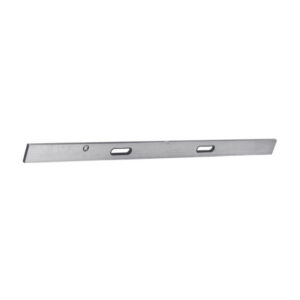 Long metal spirit level with two oval cutouts and a small vial near one end, used for checking horizontal alignment.