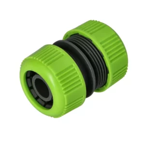 Green garden hose quick-connect coupling with black rubber gasket.
