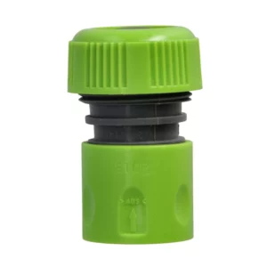 Green plastic garden hose quick-connect fitting with a ribbed green cap and gray inner collar, used to connect irrigation hoses.