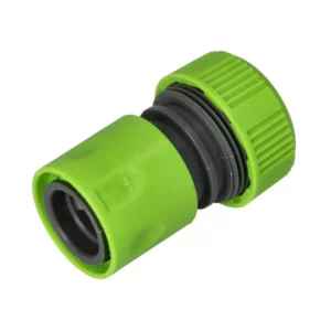 Green garden hose quick-connect fitting with black O-rings, close-up view of the connector