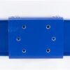 Blue metal mounting rail with a central square plate and multiple bolt holes, likely an industrial sliding or support track.