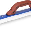 Plastic grout float with a blue rubber blade and brown Marshalltown handle on a white base (tile/construction tool)