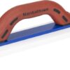 Masonry finish trowel/float with brown Marshalltown handle and blue metal edge for smoothing plaster or concrete surfaces.