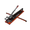 Manual tile cutter with a red base and gray scoring carriage used to score and snap ceramic tiles