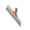 Metal finishing trowel with gray blade, orange mounting, and gray handle; used for smoothing plaster or cement.
