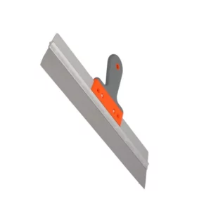 Metal finishing trowel with gray blade, orange mounting, and gray handle; used for smoothing plaster or cement.