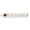 White power strip with five outlets and two USB ports on a white background, red rocker switch on the left.