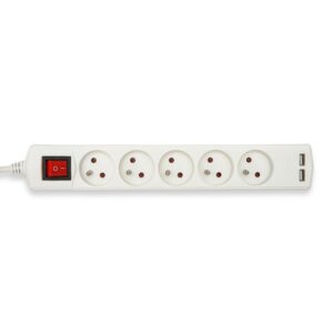 White power strip with five outlets and two USB ports on a white background, red rocker switch on the left.