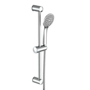 Chrome handheld showerhead mounted on a vertical sliding rail with a flexible hose.