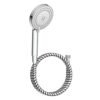 Chrome handheld showerhead with a flexible striped hose.