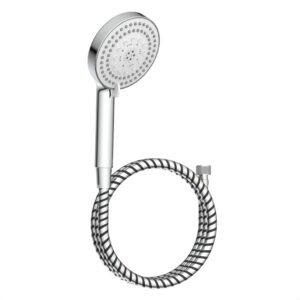 Chrome handheld showerhead with a flexible striped hose.