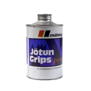 Close-up of a metal paint can neck and screw cap with a white label showing orange/black branding and a purple geometric design in the background, partially readable text nearby.