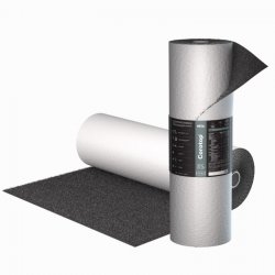Roll of roofing underlayment or waterproofing material on a metal core, with a dark textured sheet partially unrolled.
