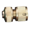 Brass knurled two-piece quick-connect adapter with a set screw on the side.