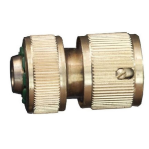 Brass knurled two-piece quick-connect adapter with a set screw on the side.