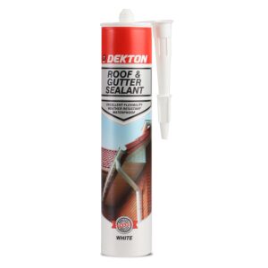 Dekton Roof & Gutter Sealant tube with white nozzle attached, stacked on white background, red and silver label visible.