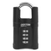 Black combination padlock with four rotating digit dials; brand: DEKTON ARMLOCK/ARMBOLOC visible on body.