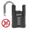 Black DEKTON ARMOLOC combination padlock with a curved metal shackle and four rotating dials showing 9-0-9-0; red anti-bolt cutter emblem beside it.