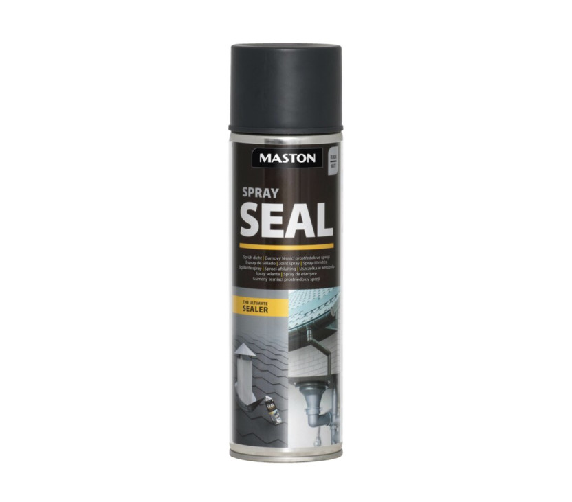 Super seal svart - Múrbúðin Aerosol can labeled 'MASTON' with a black cap, 'SPRAY SEAL' on the front and a yellow 'The Ultimate Sealer' band; images of a house roof and gutter on the label.