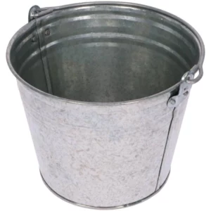 Galvanized metal bucket seen from above with a metal handle and small hinge on the rim
