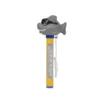 Yellow toy thermometer topped with a gray shark wearing sunglasses, with a white rope attached for mounting or pulling