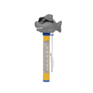 Yellow toy thermometer topped with a gray shark wearing sunglasses, with a white rope attached for mounting or pulling