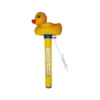 Yellow rubber duck thermometer toy with a blue neck collar and a hanging string, designed for bath use.